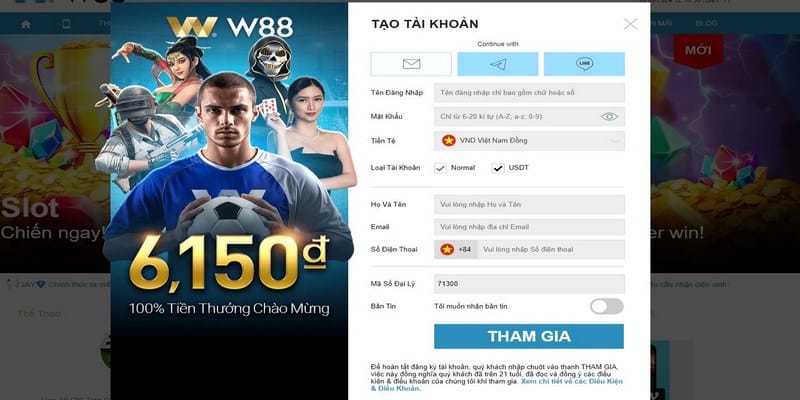 Khách hàng cần điền thông tin đầy đủ theo biểu mẫu đăng ký W88